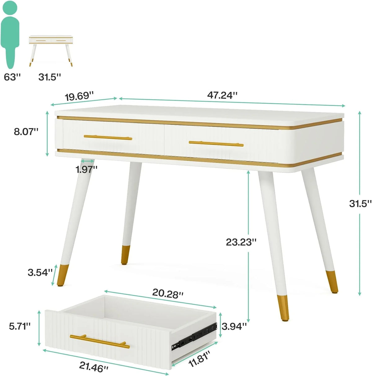 47" White Makeup Vanity Desk with 2 Drawers Y3297
