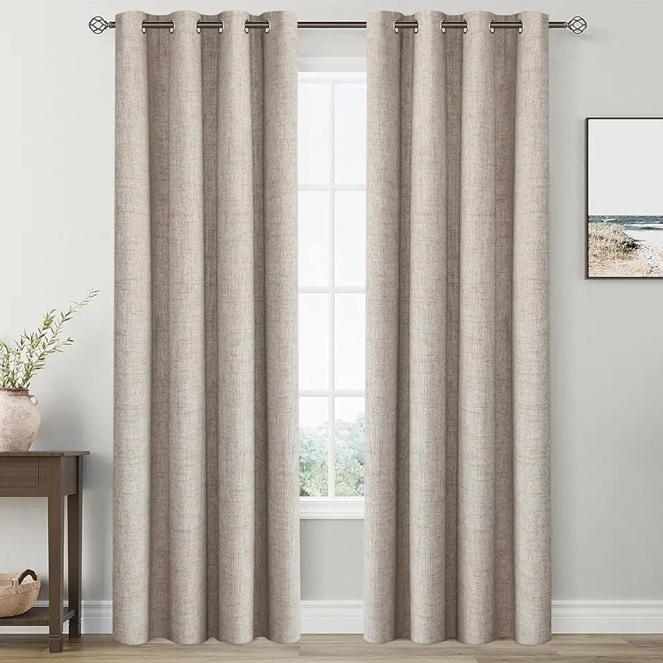 100% Blackout Linen Textured Curtains 2 Panels Set 63 Inch Grommet Z666062