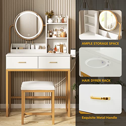Brown Makeup Vanity Desk with Round Mirror and Lights, 2 Drawers M131330