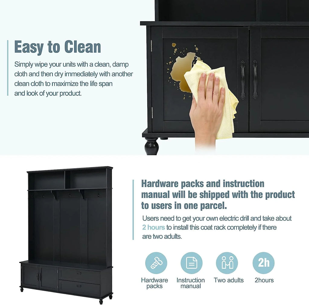 Black Hall Tree with Storage Cabinet and 2 Drawers F177833