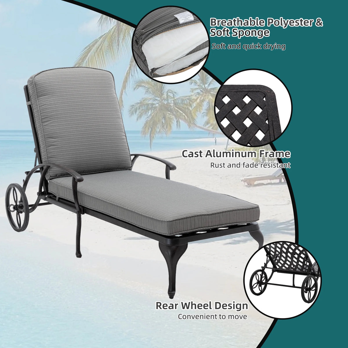 Outdoor Chaise Lounge Chair Cast Aluminum with Wheels and Adjustable Reclining P67542
