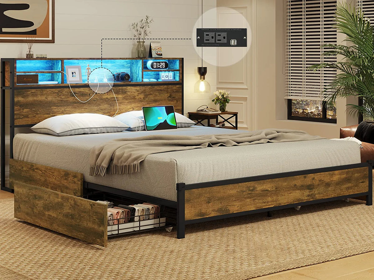 Full Size LED Metal Platform Bed Frame with Storage Drawers O2731