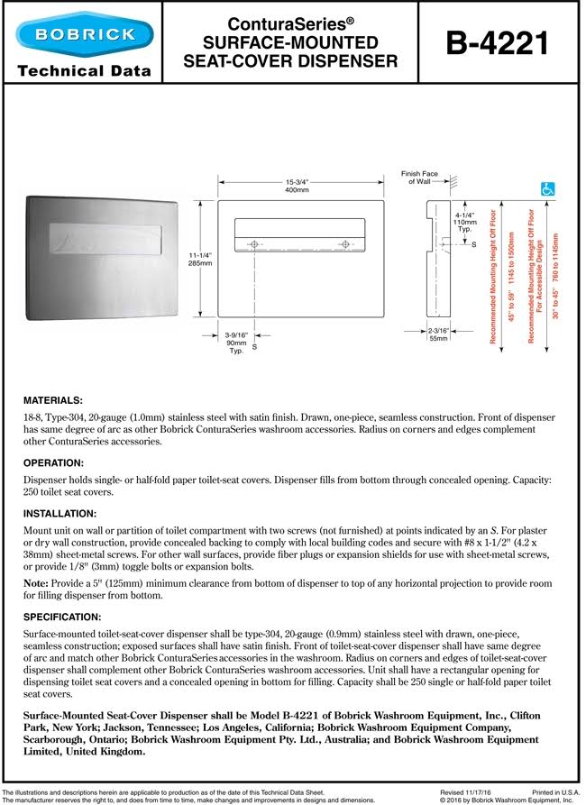 Toilet Seat Cover Dispenser, Satin Stainless Steel F327