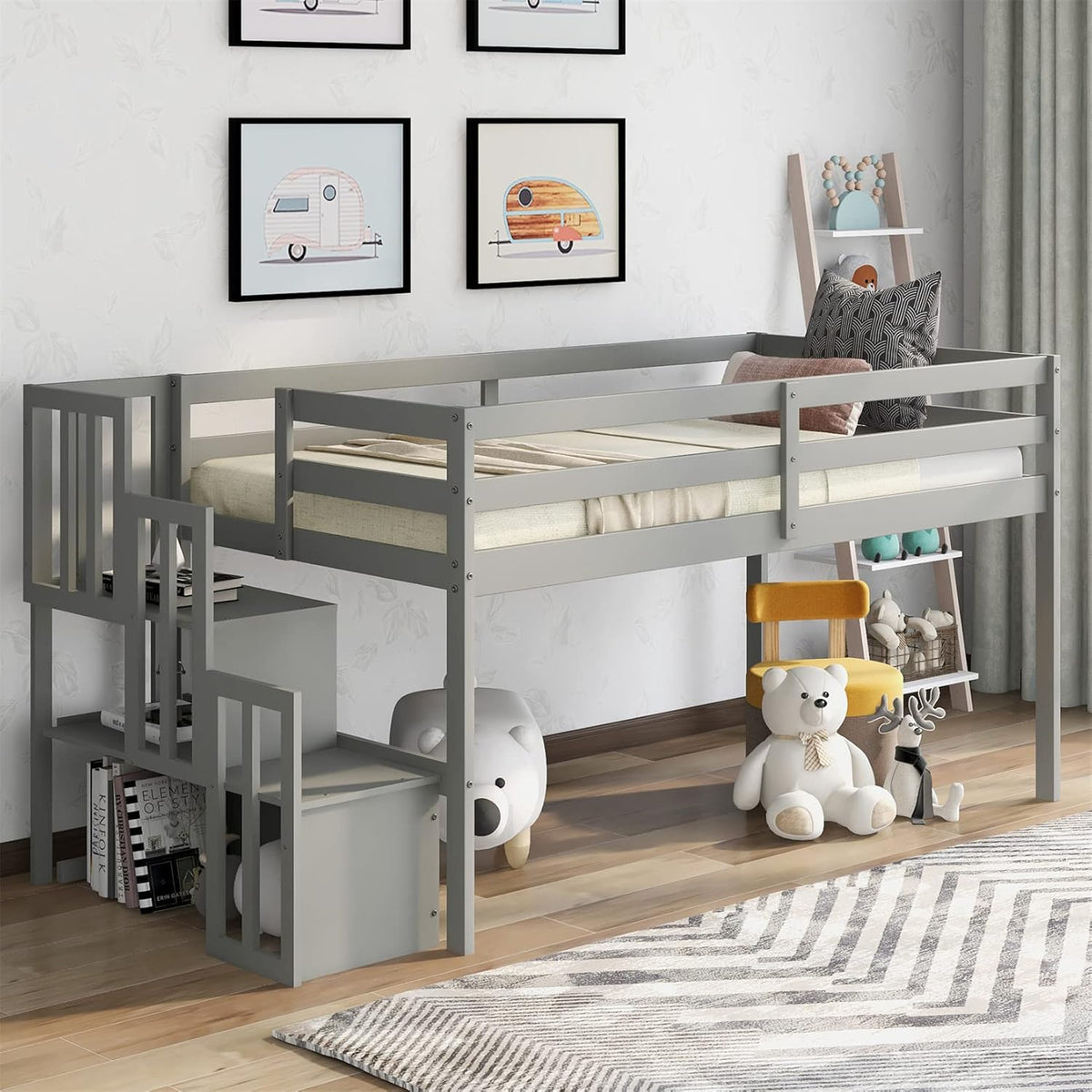 Twin Wooden Loft Bed with Slide, Cabinet Drawers and Book Shelves W223