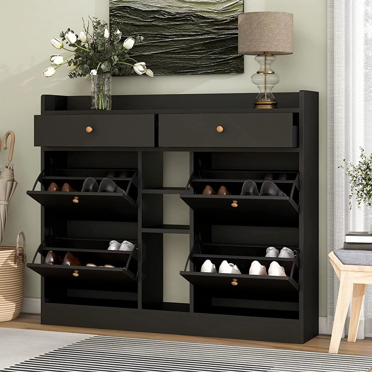 Black 4 Flip Drawer Shoe Storage Cabinet M659