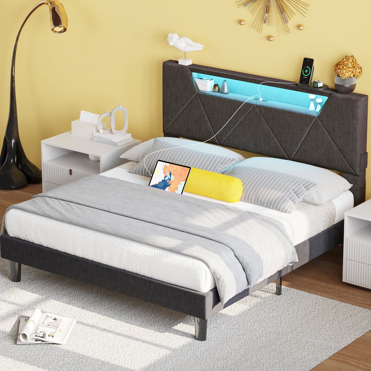 Grey Upholstered Platform Bed Frame with Storage Headboard W855992