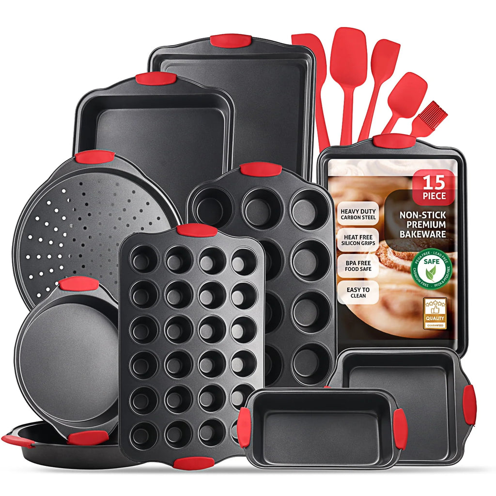 15 PC Nonstick Carbon Steel Bakeware Set with Silicone Handles U85865