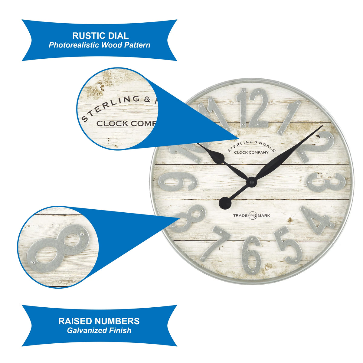 White and Galvanized Raised Analog Wall Clock U539