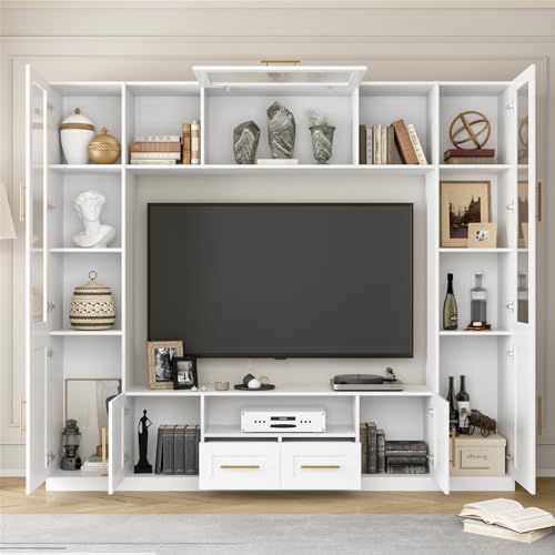 White TV Stand with Glass Doors & Shelves J3337