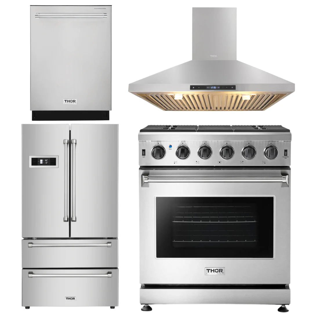 30 in. Propane Gas Range, Range Hood, Dishwasher and Refrigerator G32076