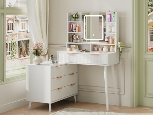 White L Shape Vanity Desk with Mirror and Lights, 8 Drawers & Shelves R471491