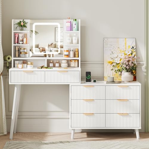 White L Shape Vanity Desk with Mirror and Lights, 8 Drawers & Shelves R471491