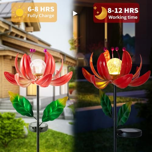 Solar Garden Lights Metal Flower Decor LED Cracked Crystal Ball Outdoor Stake Lighting C79167