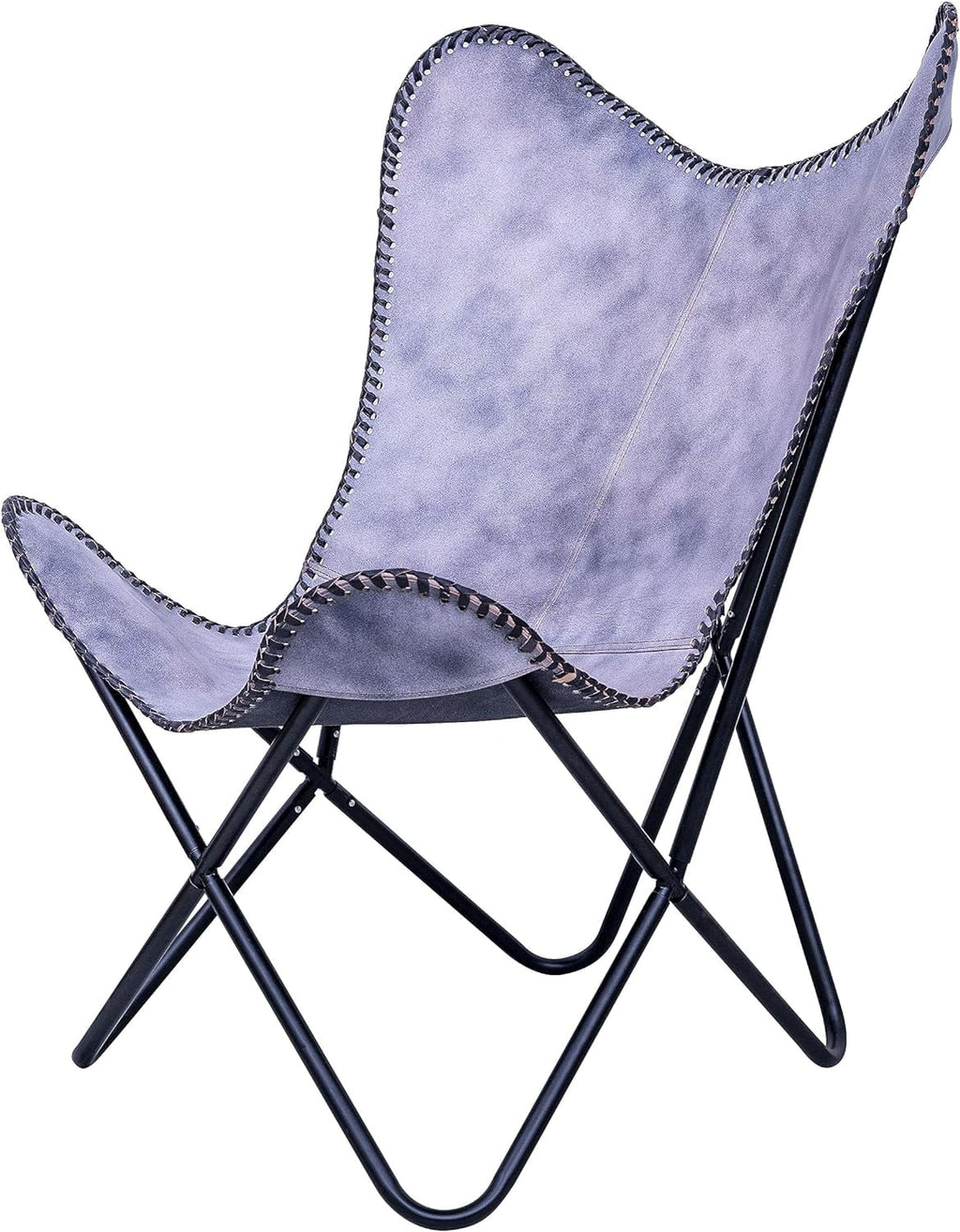 Grey Leather Butterfly Arm Chair with Powder Coated Folding Iron Frame H185