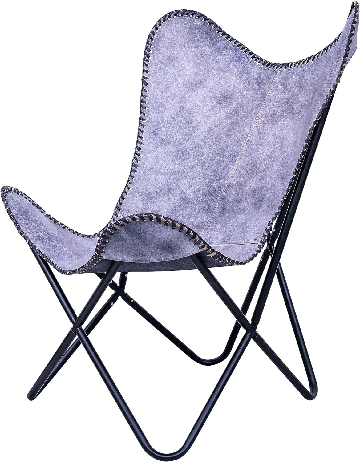 Grey Leather Butterfly Arm Chair with Powder Coated Folding Iron Frame H185