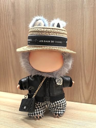 17cm Doll 4-Piece Straw Hat PU Leather Jacket Houndstooth Shorts Outfit H85622