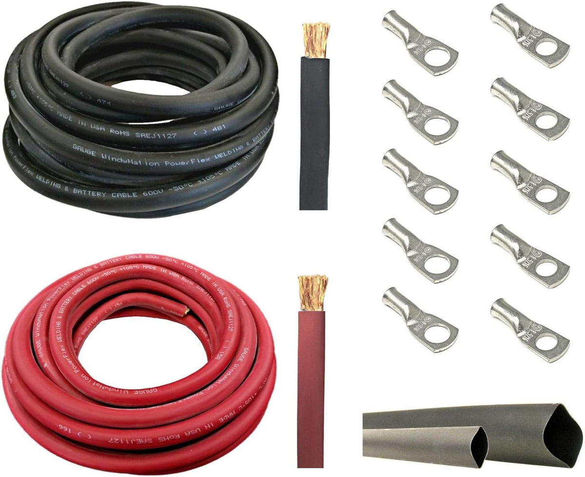 1/0 AWG 10 Feet Black Pure Copper Flexible Cable with Copper Cable Lug Terminal Connectors and Heat Shrink Tubing O202