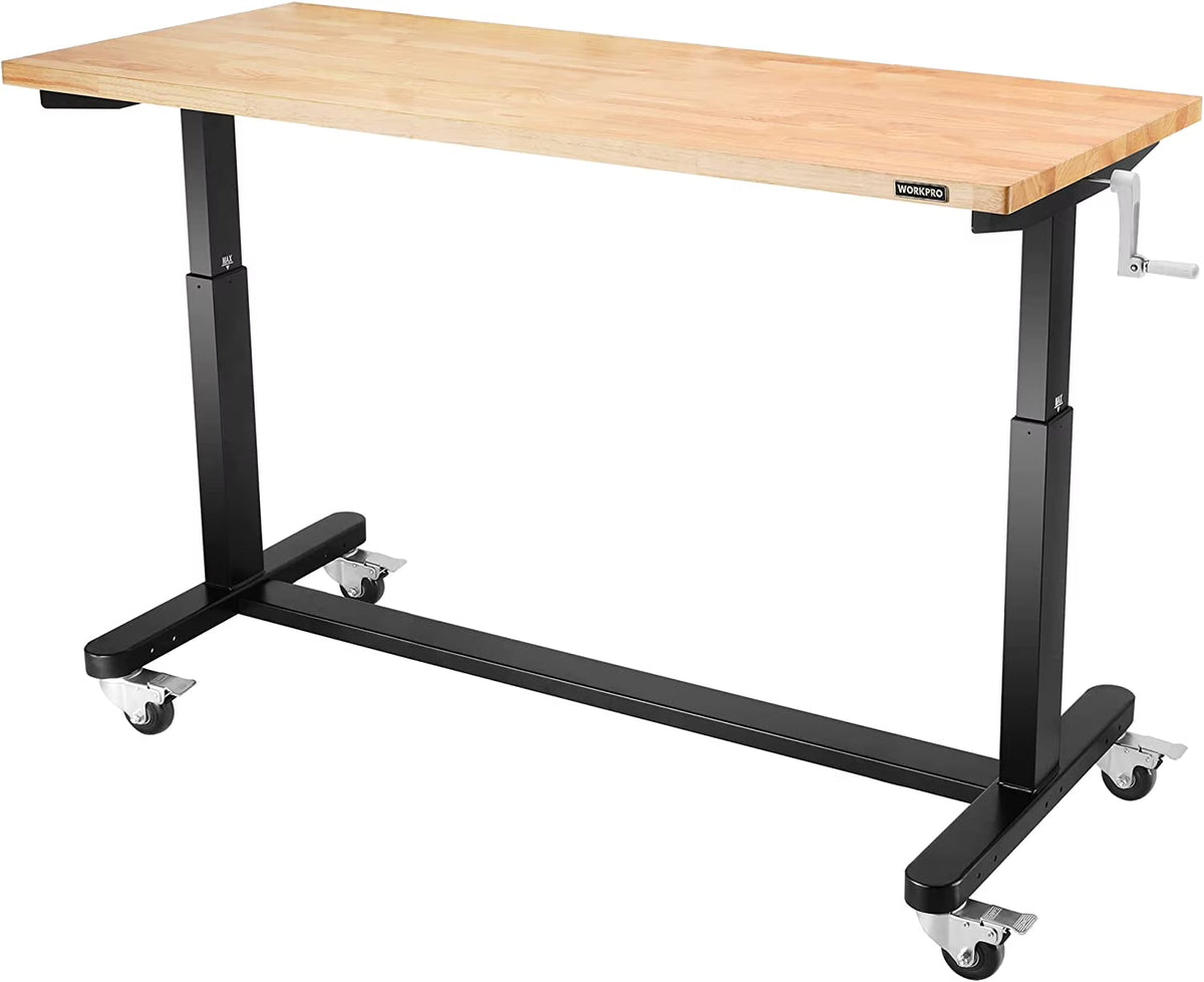 60" x 24" Rubber Wood Top Height Adjustable Work Table with Crank Handle and Casters N9077