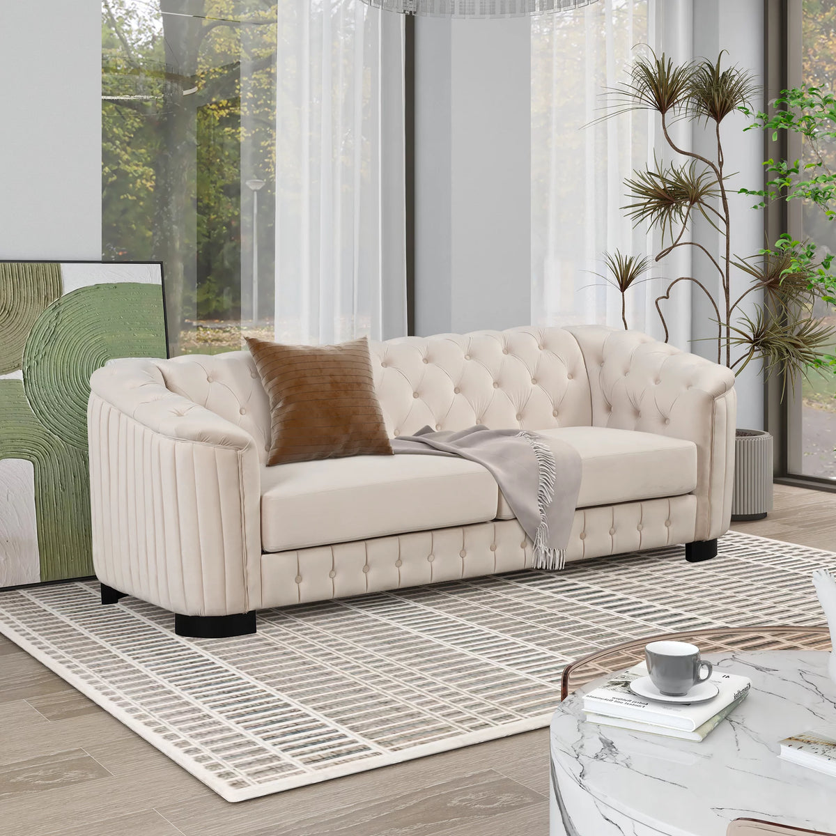 Beige Velvet 3-Piece Sofa Set with Rubber Wood Legs B23901