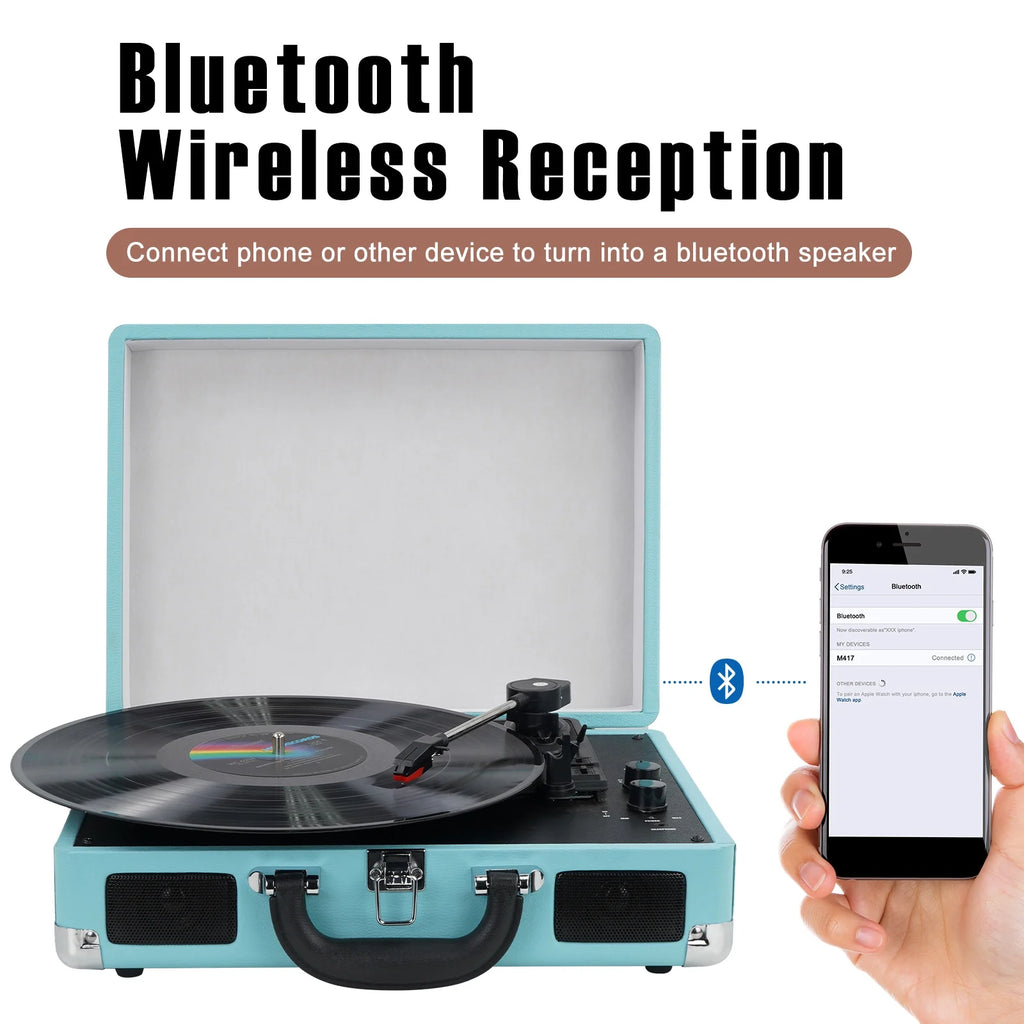 Bluetooth Record Player Turntable with Built-in Stereo Speakers, Suitcase Design - Blue U579309