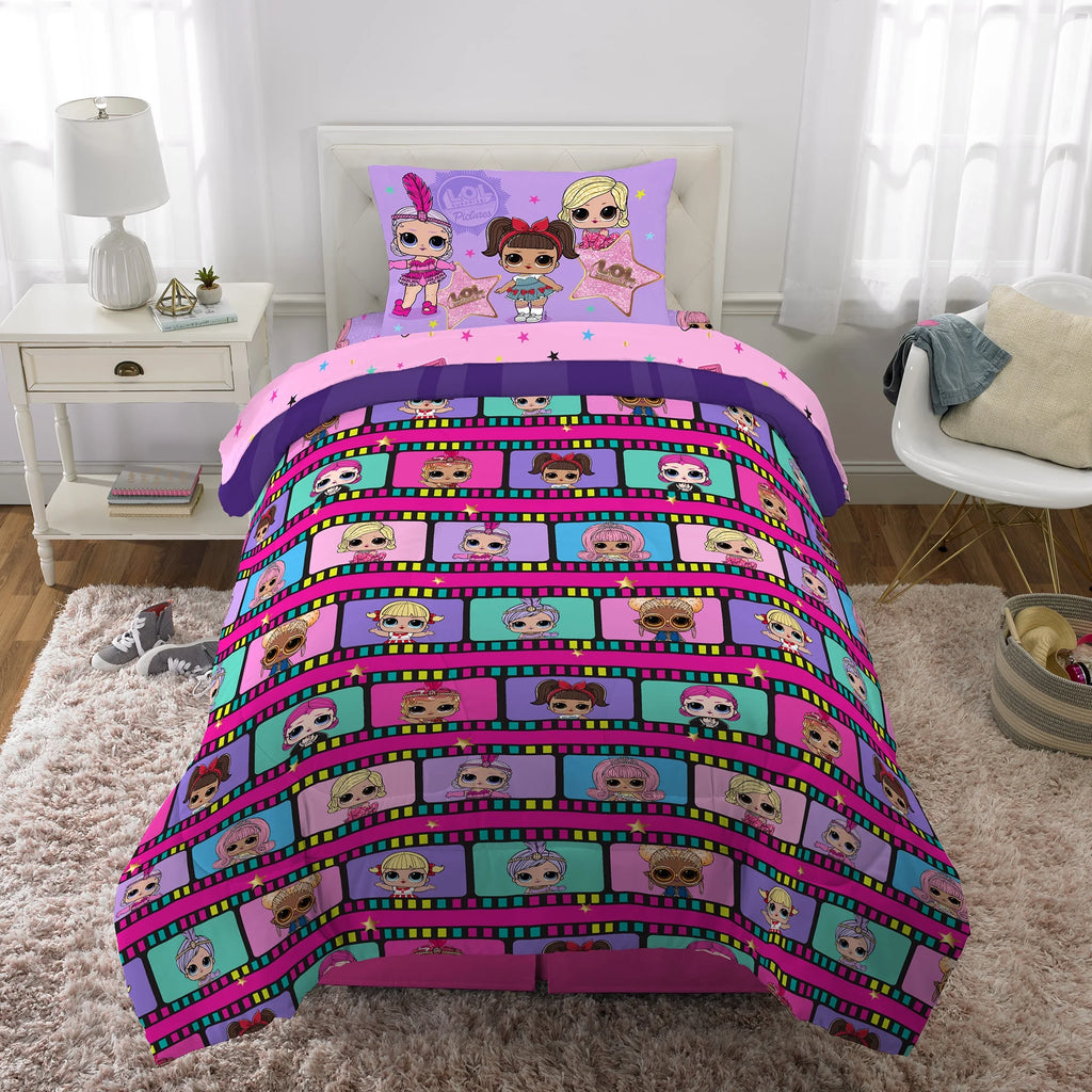 Kids Twin Bed in a Bag, Comforter and Sheets, Purple and Pink A53177