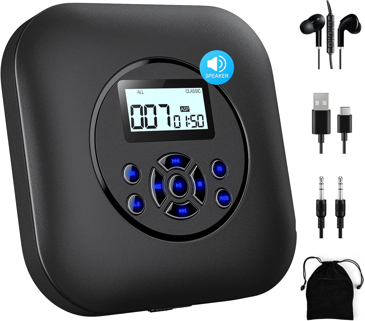 CD Player Portable with Speakers Rechargeable 1800mAh Battery Type-C TF Card Dual Earphone Ports AUX D421434