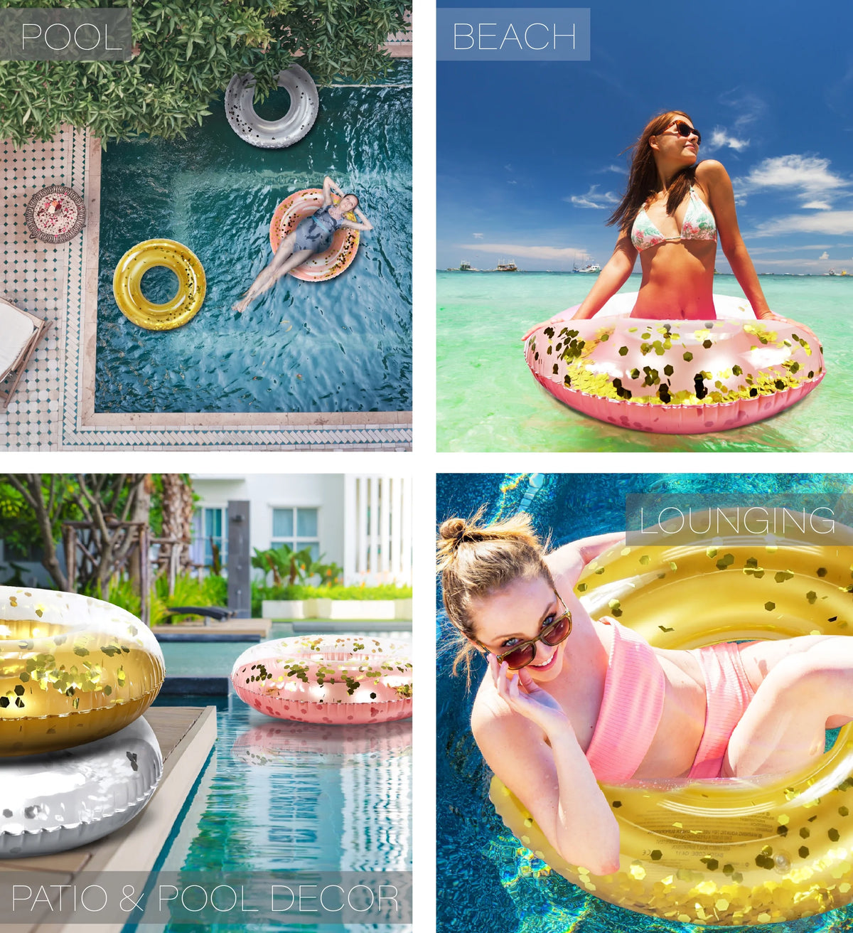 Silver, Gold, and Rose Gold Inflatable Pool Floats Tube Set of 3 - 36 inch O294164