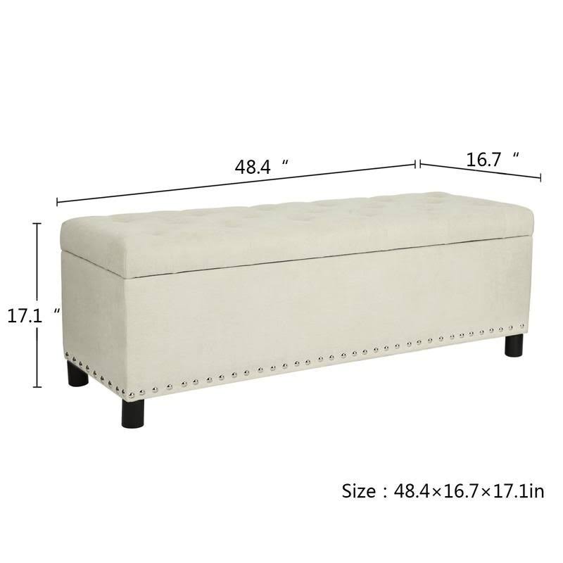 Beige Linen Storage Ottoman Bench with Nailhead Trim C182