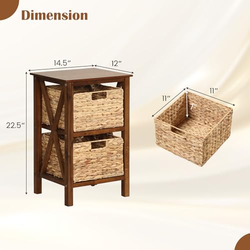 2-Tier Nightstand with Wicker Baskets Set of 2, Walnut U5975