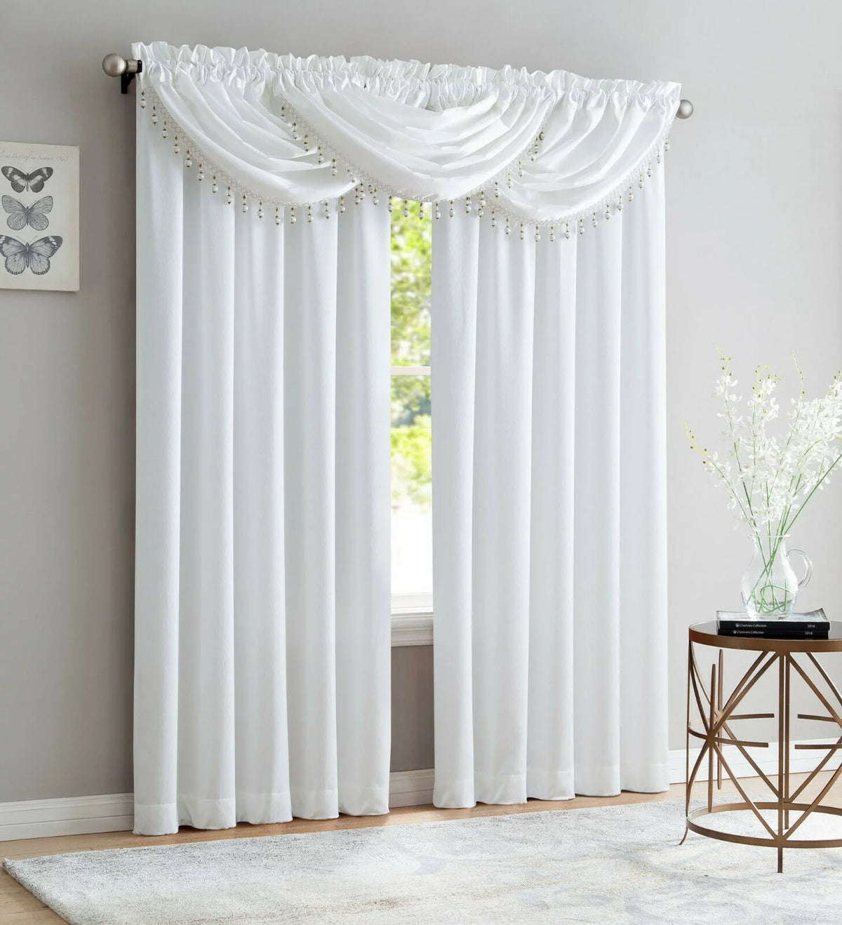 5 Piece Crushed Satin Curtain Set with Valances White T2529