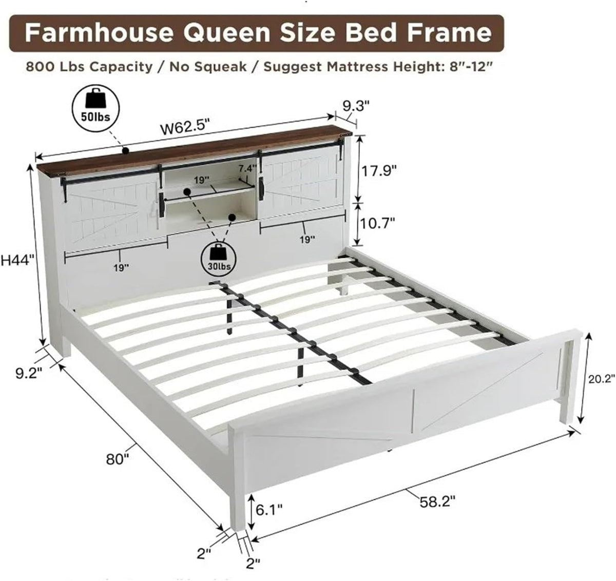 Queen Size Bed Frame with Storage Bookcase Headboard with Sliding Barn Door K188