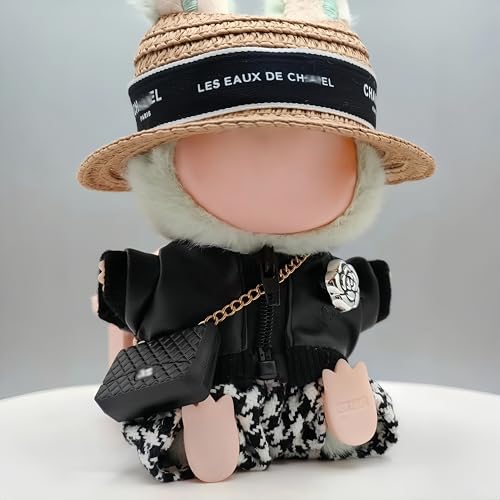 17cm Doll 4-Piece Straw Hat PU Leather Jacket Houndstooth Shorts Outfit H85622