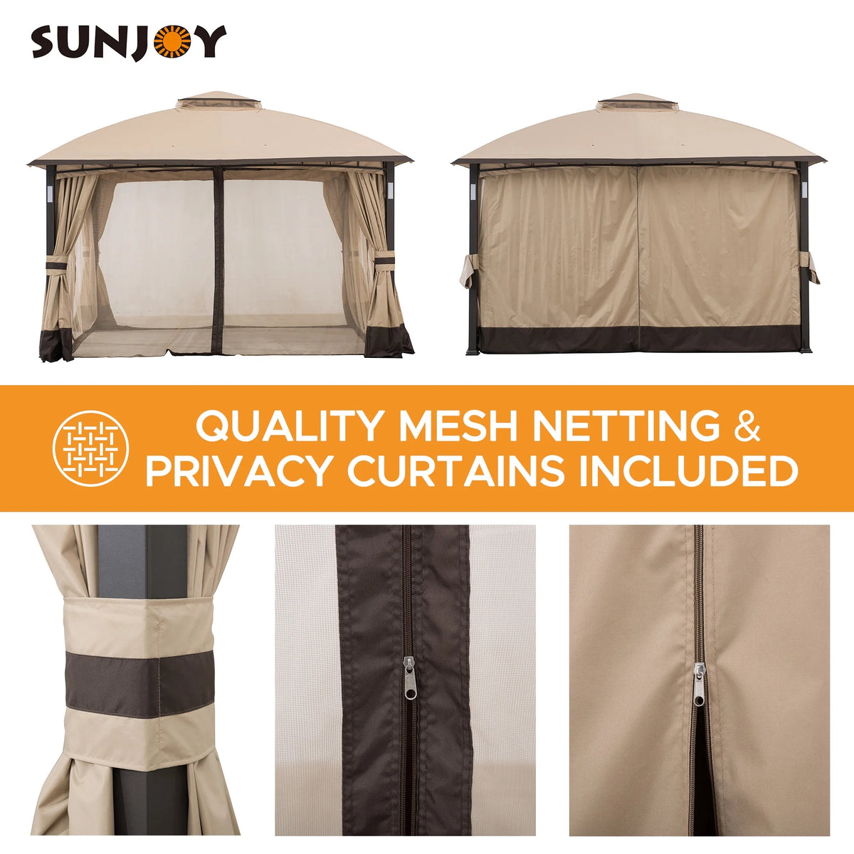 Tan and Brown 10 ft. x 12 ft. Gazebo with LED Lighting and Bluetooth Sound L678