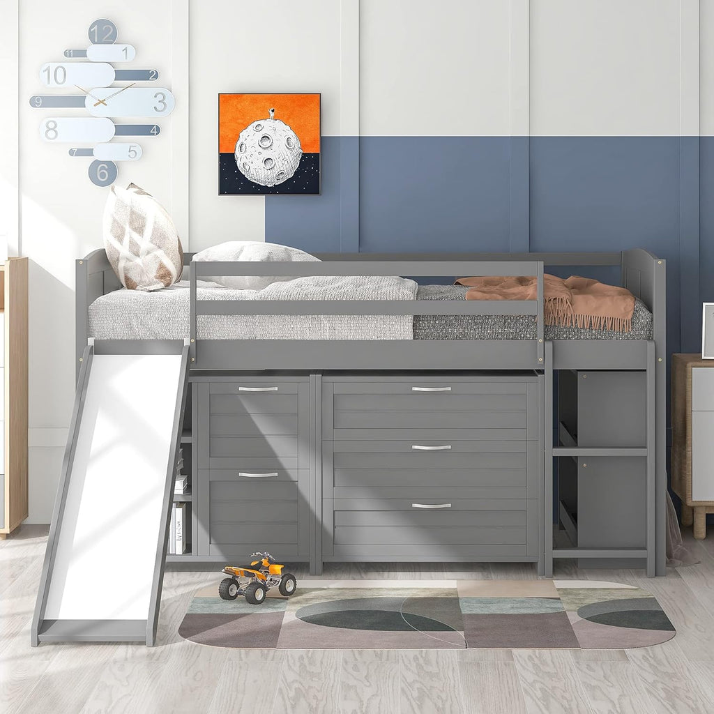 Twin Low Loft Bed with Desk and Cabinet Wooden Bed Frame X9988