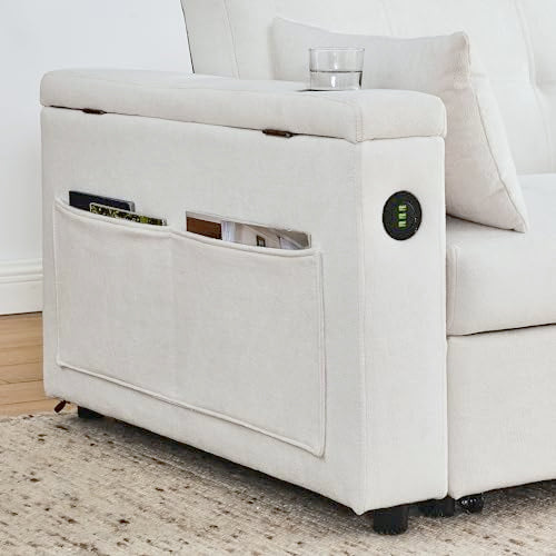 White Chenille 2-Seater Convertible Sofa Bed with USB Power Outlet Z80109