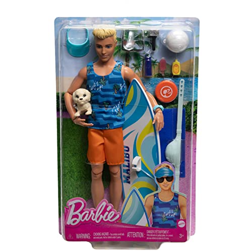 Poseable Blonde Ken Beach Doll with Surfboard and Pet Puppy H166