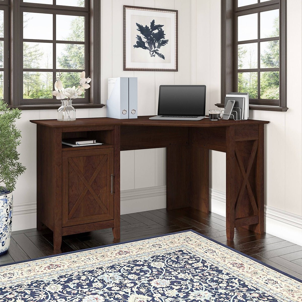 Corner Computer Desk with Storage in Bing Cherry M9580