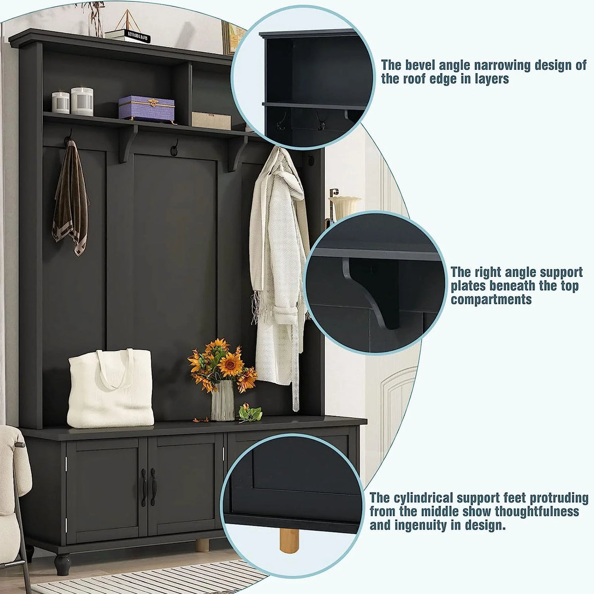 Black Hall Tree with Storage Cabinet and 2 Drawers F177833
