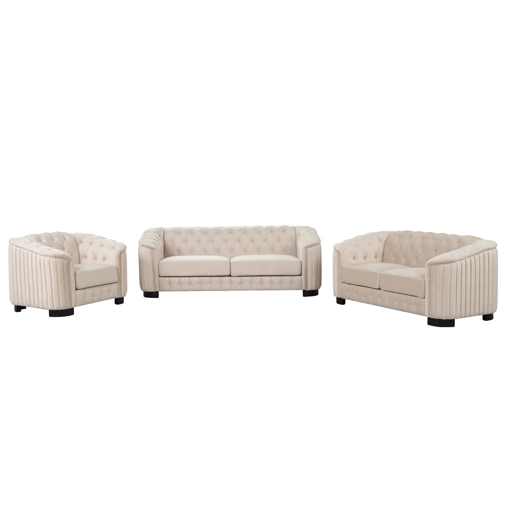 Beige Velvet 3-Piece Sofa Set with Rubber Wood Legs B23901