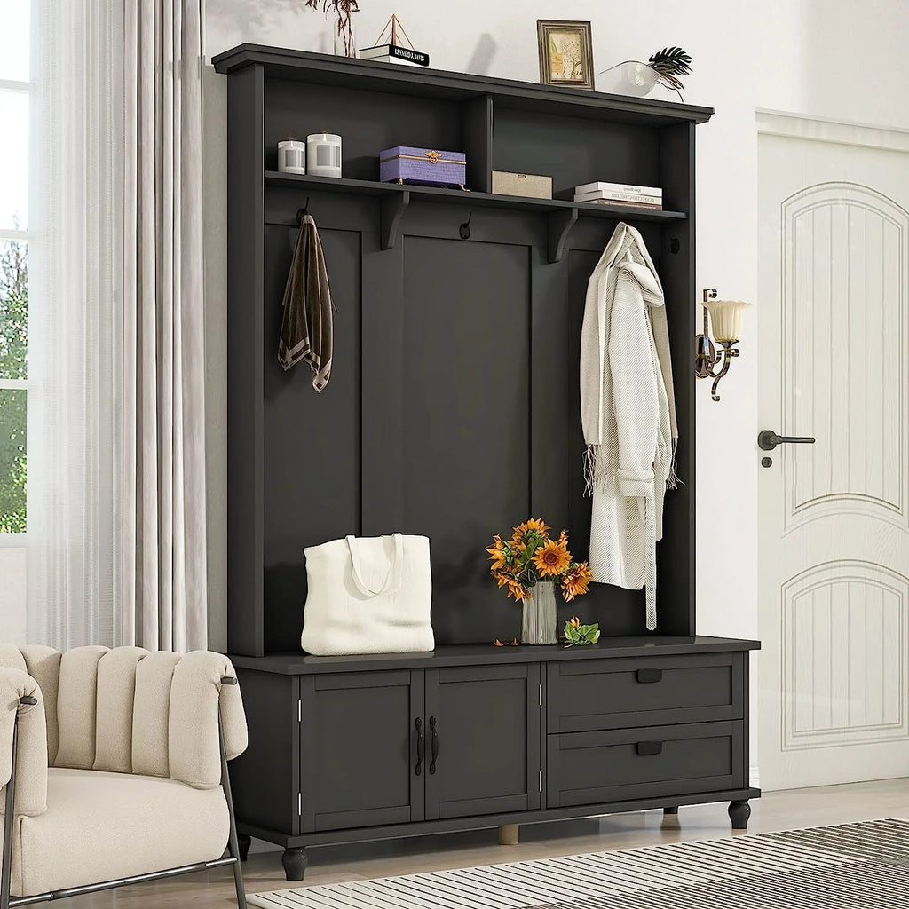 Black Hall Tree with Storage Cabinet and 2 Drawers F177833