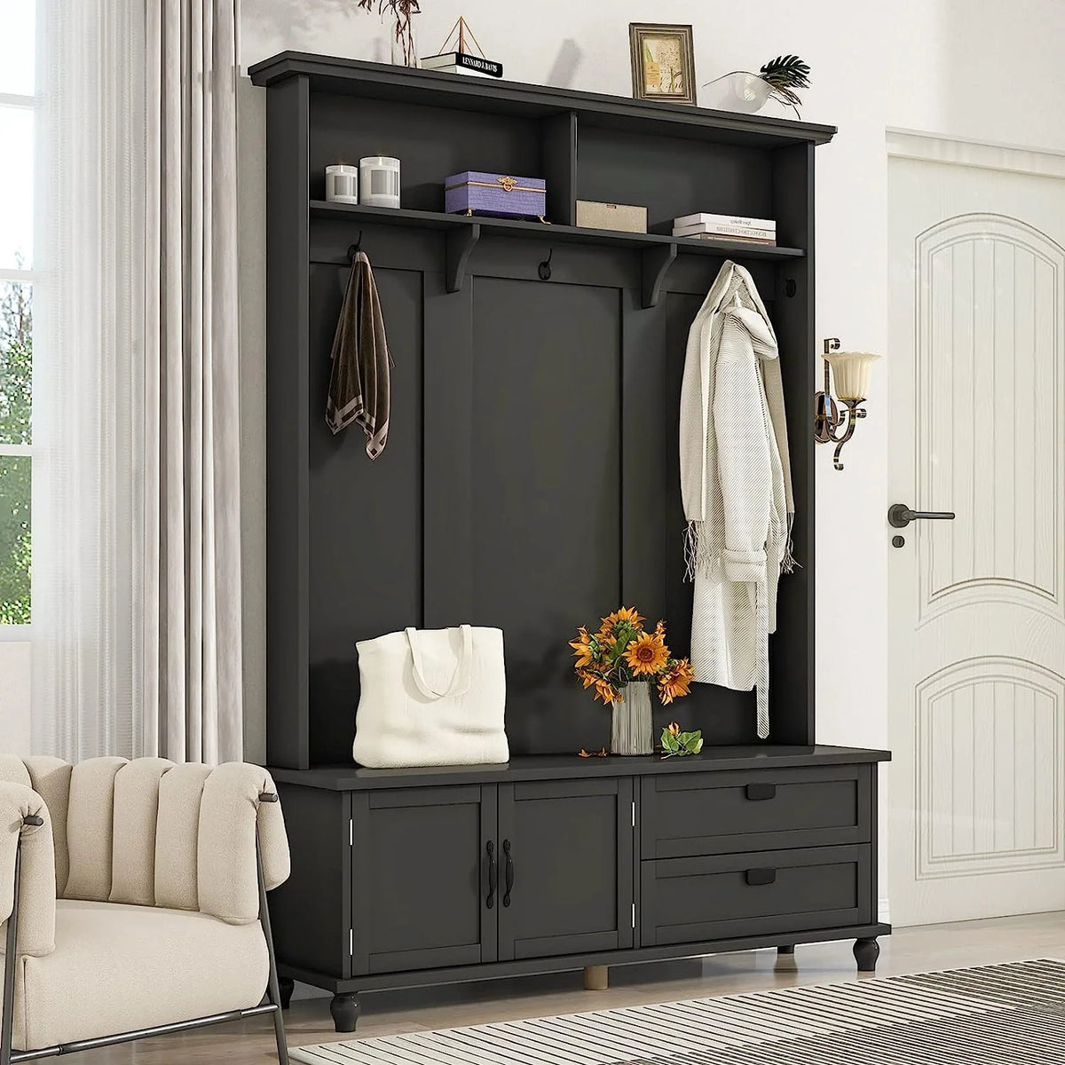 Black Hall Tree with Storage Cabinet and 2 Drawers F177833