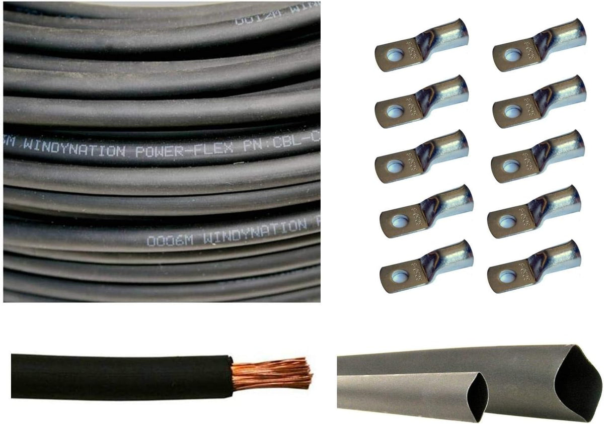 1/0 AWG 10 Feet Black Pure Copper Flexible Cable with Copper Cable Lug Terminal Connectors and Heat Shrink Tubing O202