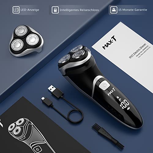 Electric Shaver, Rechargeable Rotary Razor with Pop Up Trimmer and LED Display, IPX7 Waterproof B30423