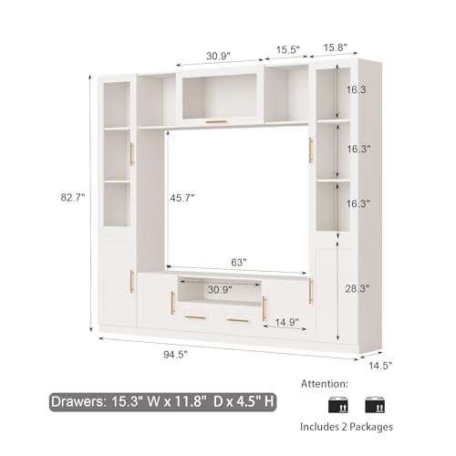 White TV Stand with Glass Doors & Shelves J3337