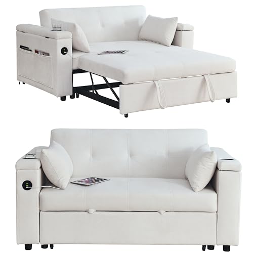 White Chenille 2-Seater Convertible Sofa Bed with USB Power Outlet Z80109