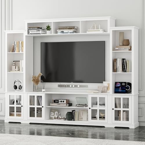 Grey 102" W Large Farmhouse TV Stand with Glass Doors E291