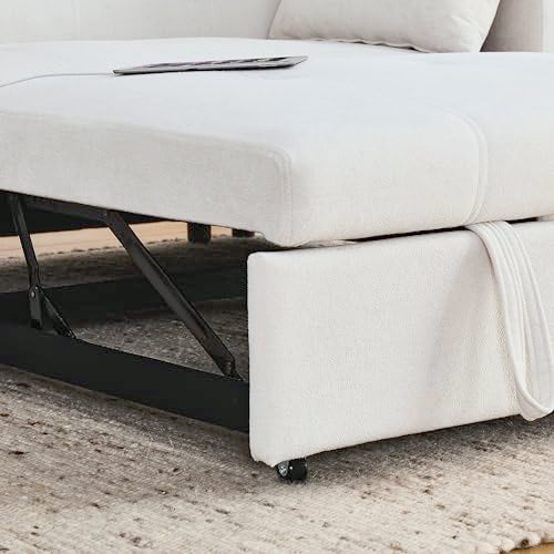 White Chenille 2-Seater Convertible Sofa Bed with USB Power Outlet Z80109