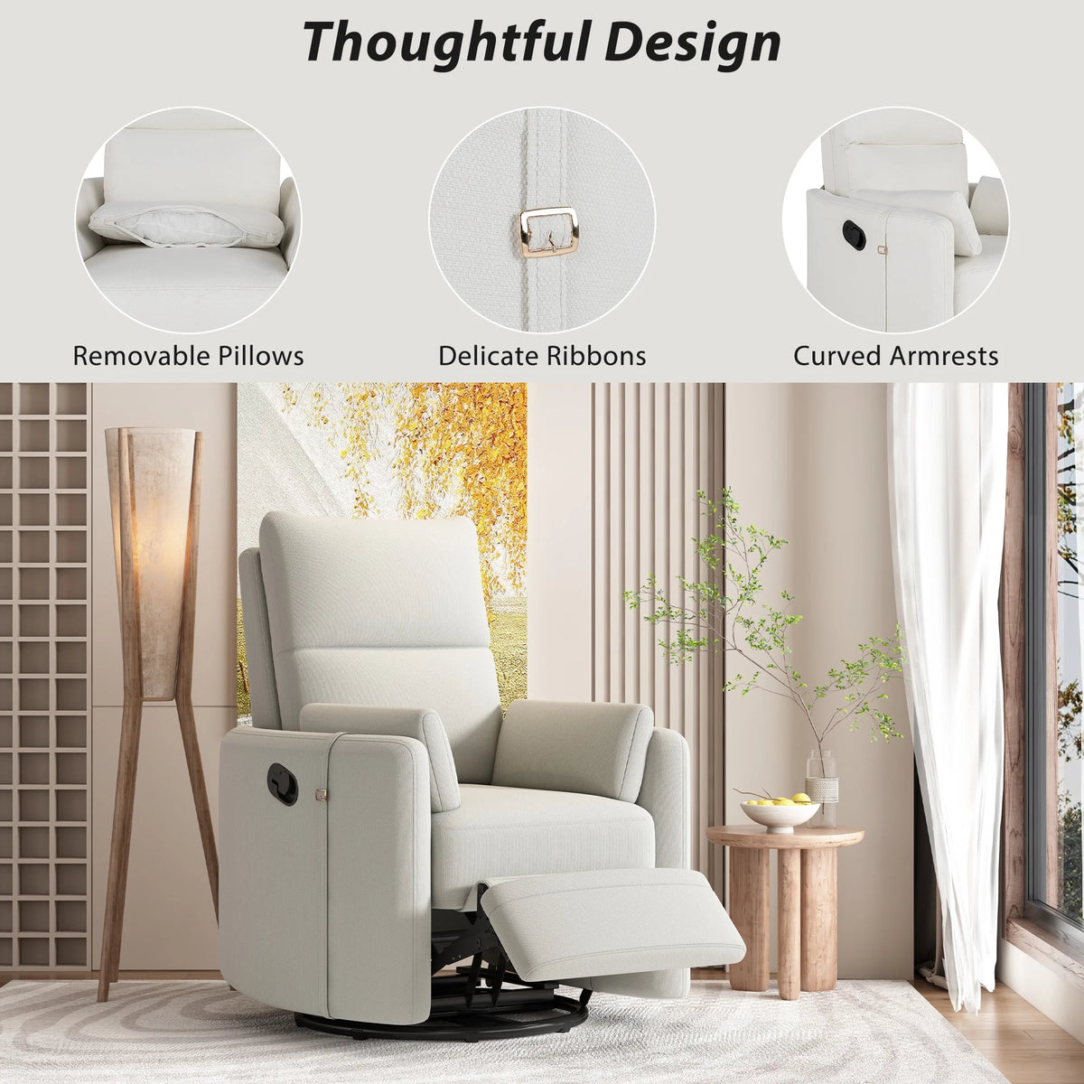 Beige Manual Swivel Glider Recliner Chair with Two Removable Pillows C420055