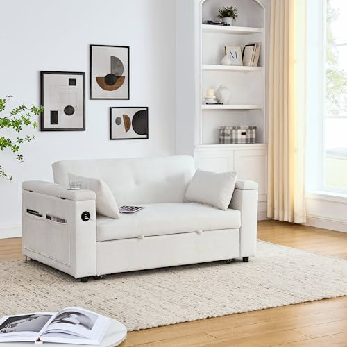 White Chenille 2-Seater Convertible Sofa Bed with USB Power Outlet Z80109