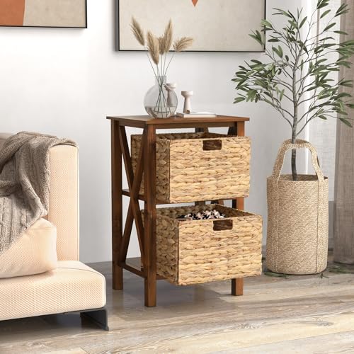 2-Tier Nightstand with Wicker Baskets Set of 2, Walnut U5975
